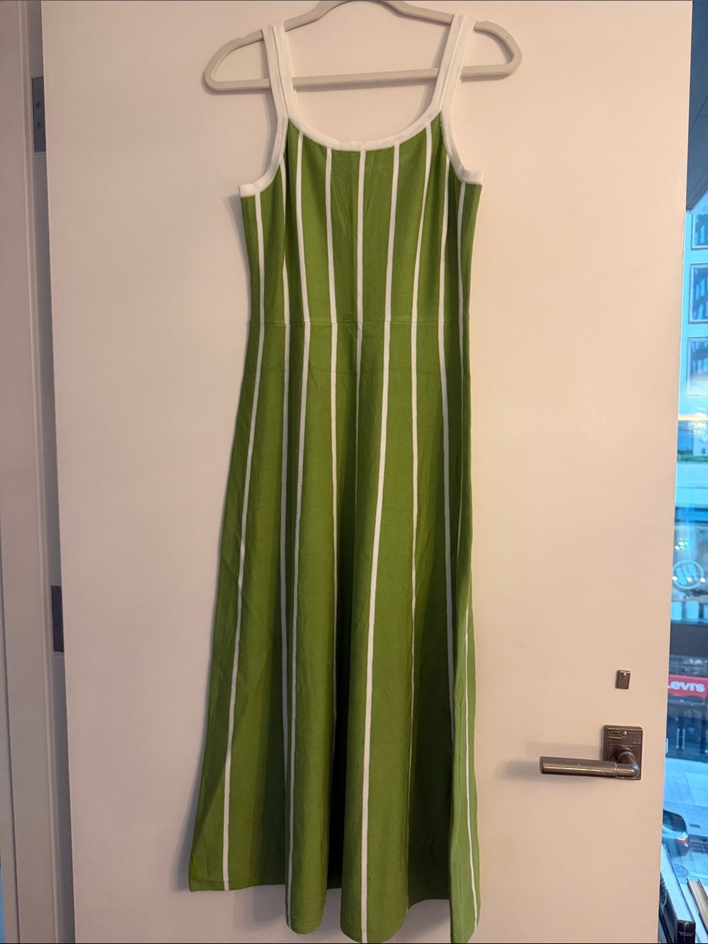 Sleeveless Green Striped Maxi Dress with White Trim